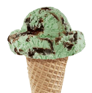 Scoop of Mint N Fudge Churned Ice Cream in a Cone